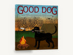 Campfire Lab Guide, black labrador camping illustration, animal canvas wall art print ready to hang
