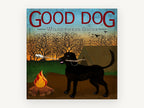 Campfire Lab Guide, black labrador camping illustration, animal canvas wall art print, front view