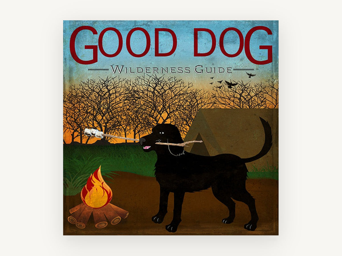 Campfire Lab Guide, black labrador camping illustration, animal canvas wall art print, front view