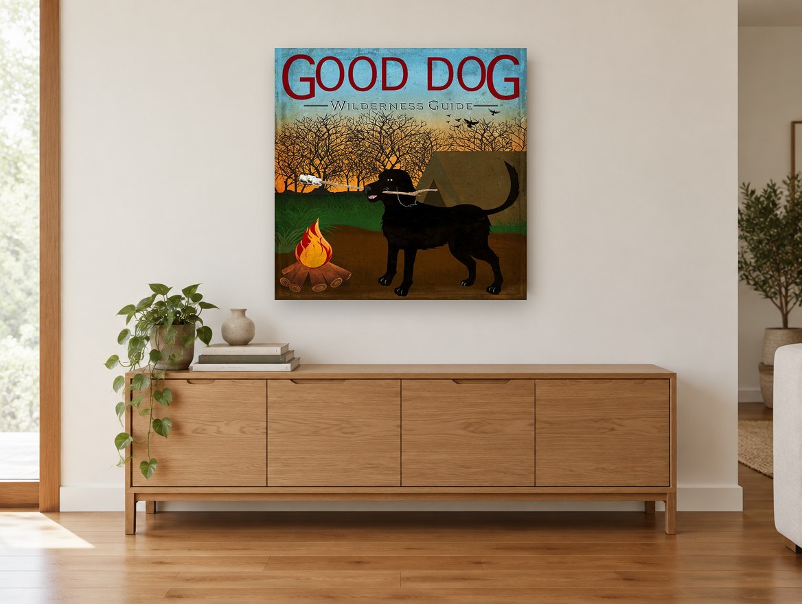 Campfire Lab Guide animal canvas print on the wall of a living room above a sideboard