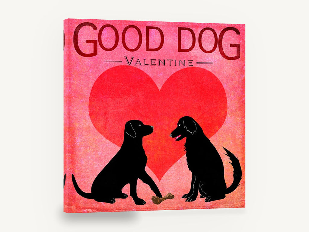 Valentine Labrador Pair, black dogs valentine heart illustration, animal canvas wall art print ready to hang