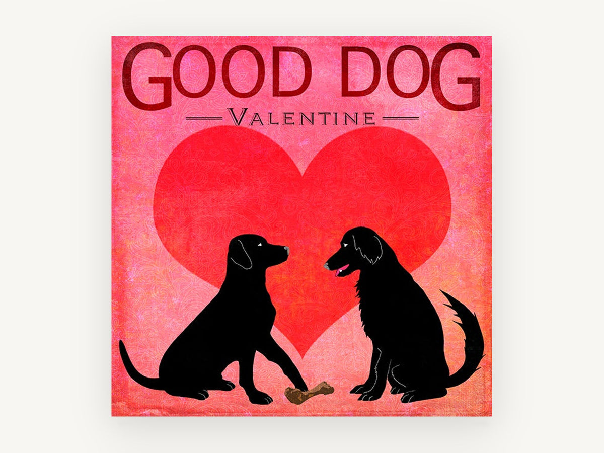 Valentine Labrador Pair, black dogs valentine heart illustration, animal canvas wall art print, front view