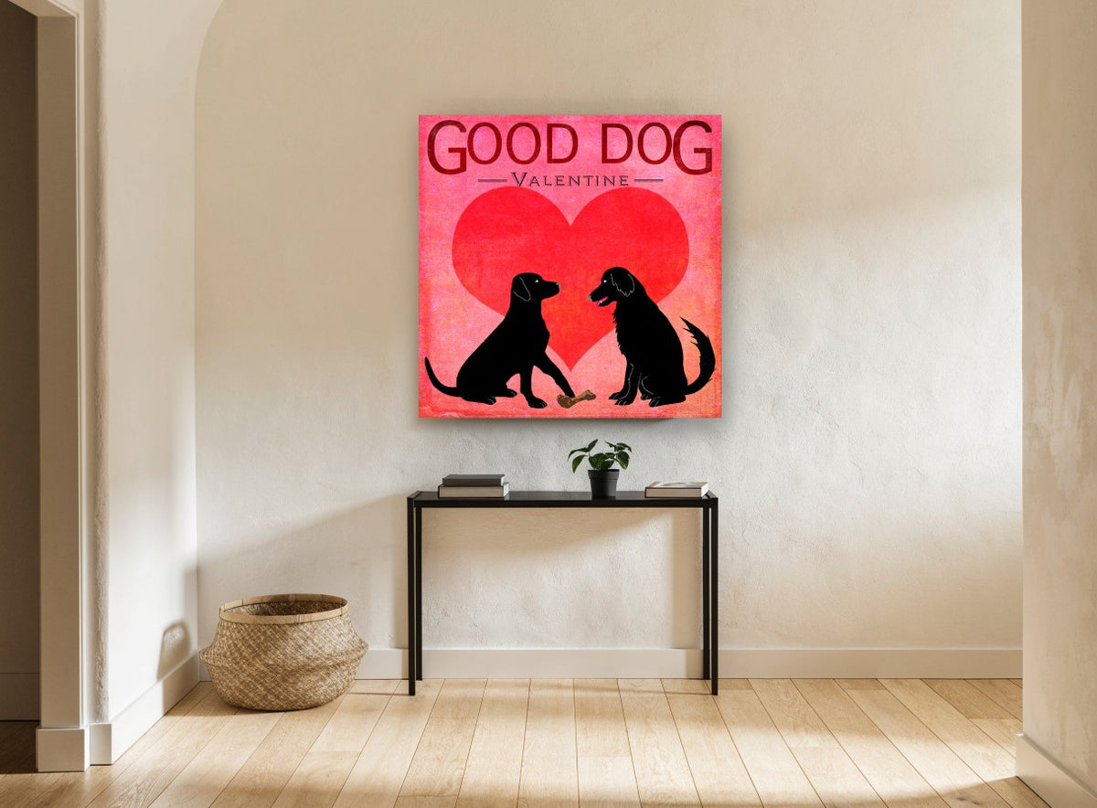 Valentine Labrador Pair animal canvas print on the wall of a hallway