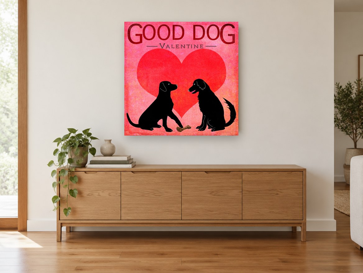 Valentine Labrador Pair animal canvas print on the wall of a living room above a sideboard