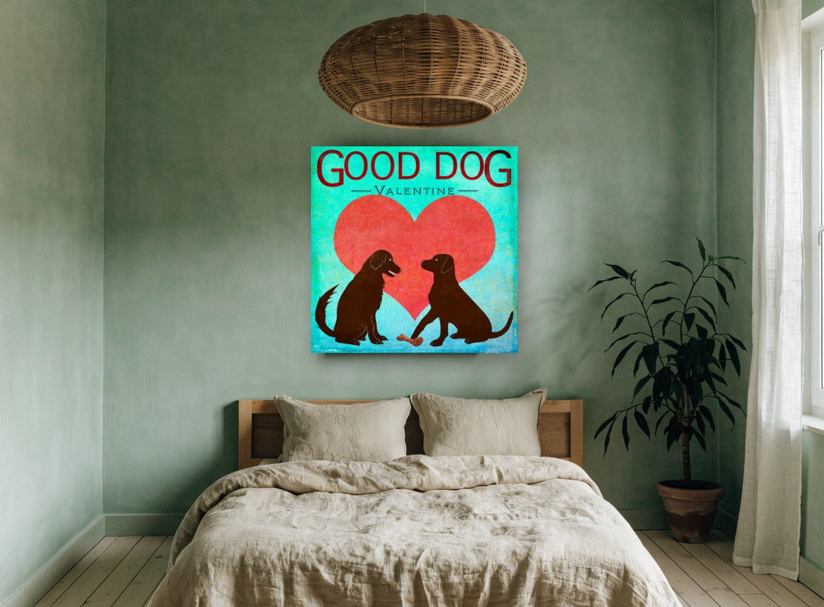 Two Dogs Valentine animal canvas print on the wall of a bedroom