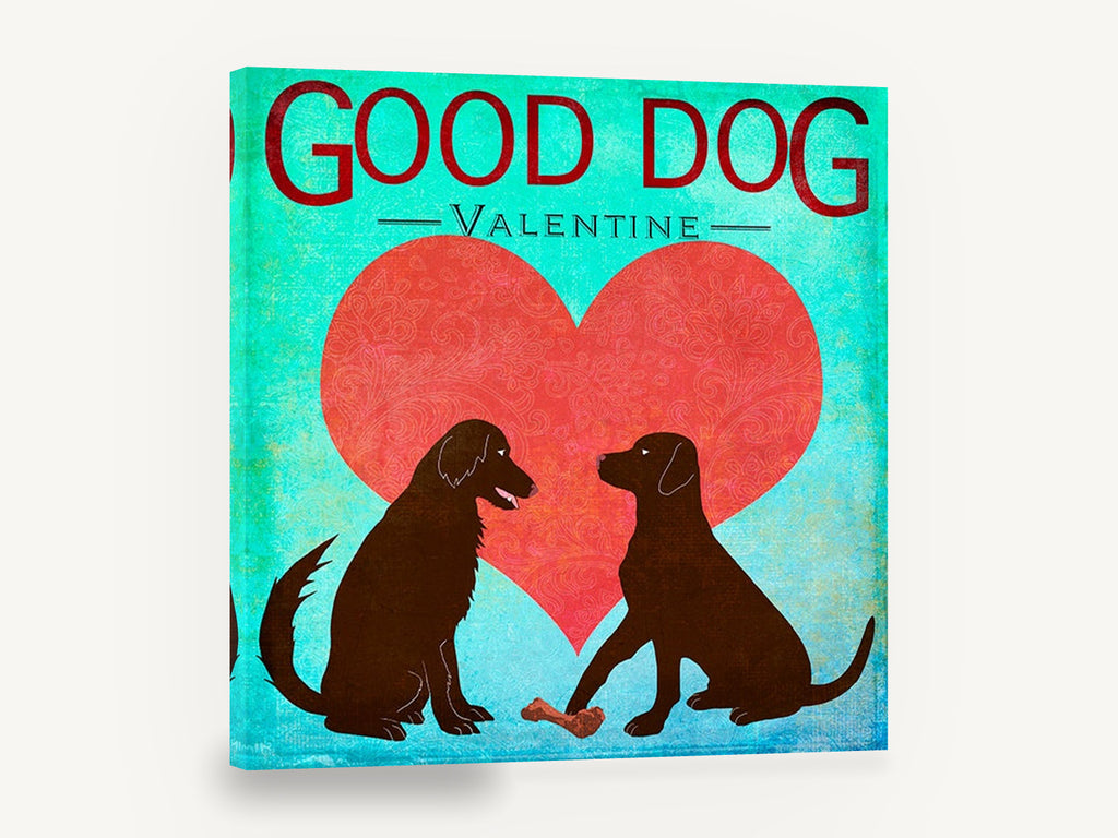 Two Dogs Valentine, dogs and heart valentine illustration, animal canvas wall art print ready to hang