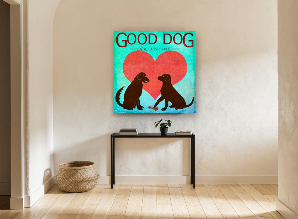 Two Dogs Valentine animal canvas print on the wall of a hallway