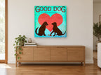 Two Dogs Valentine animal canvas print on the wall of a living room above a sideboard