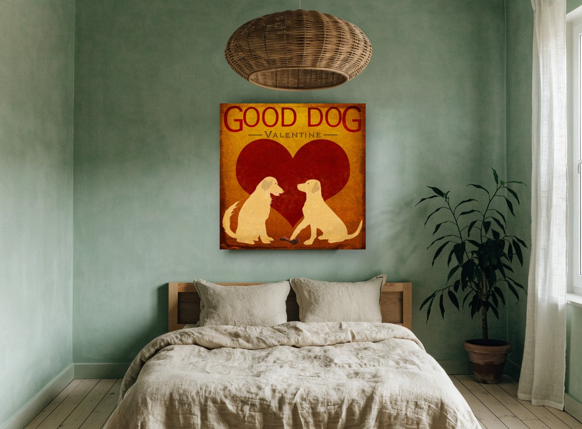 Valentine Retriever Pair animal canvas print on the wall of a bedroom