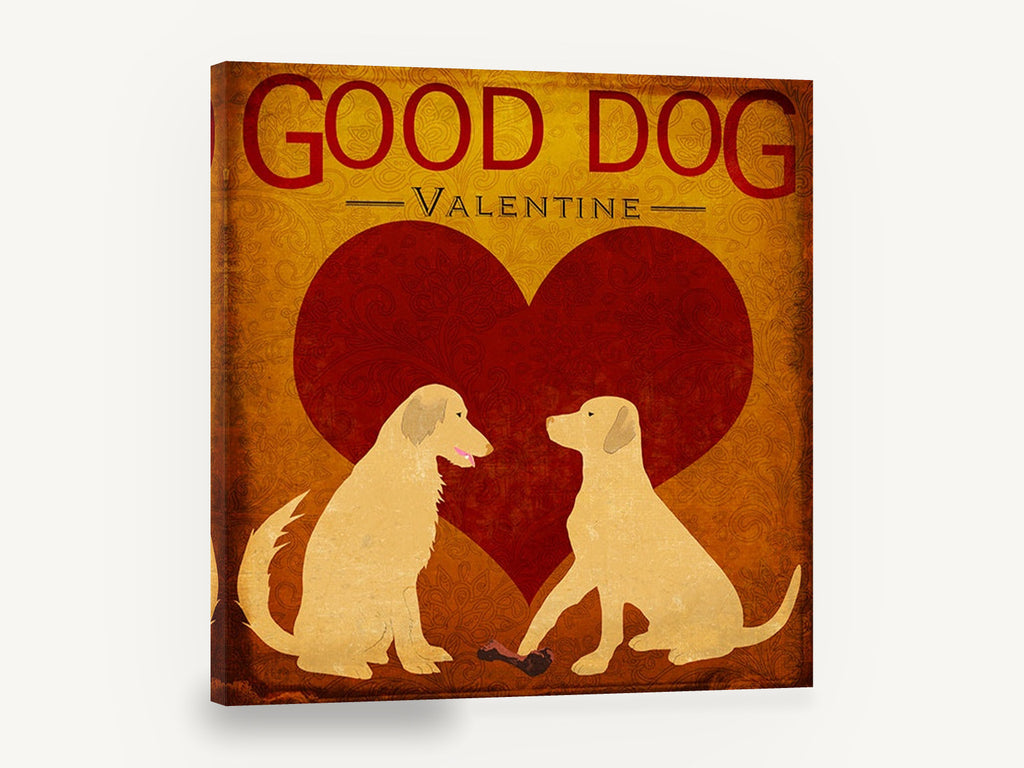 Valentine Retriever Pair, golden retriever valentine heart illustration, animal canvas wall art print ready to hang