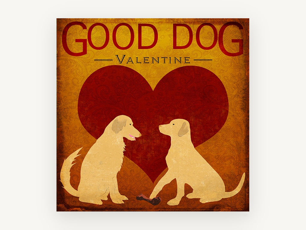 Valentine Retriever Pair, golden retriever valentine heart illustration, animal canvas wall art print, front view
