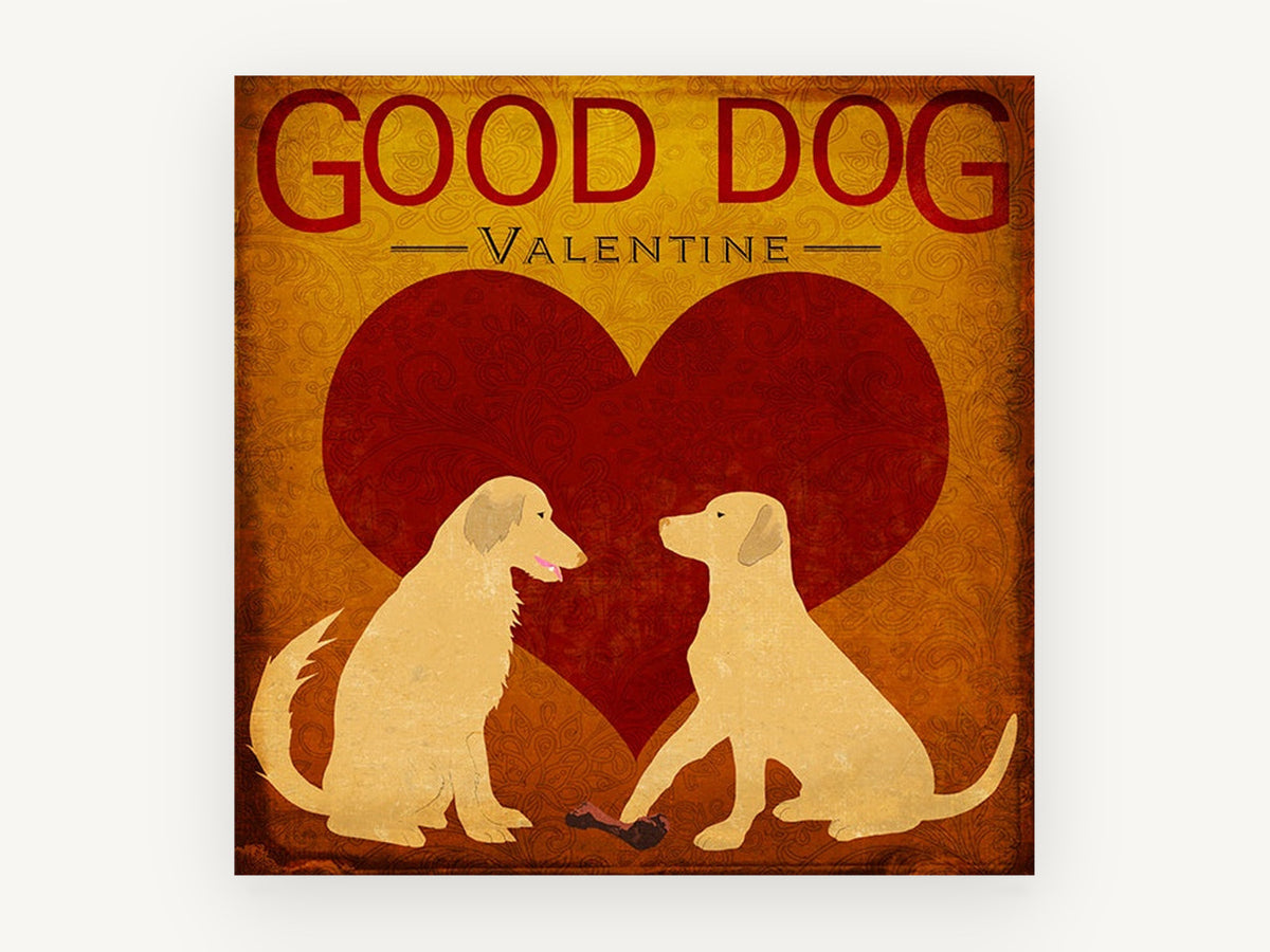 Valentine Retriever Pair, golden retriever valentine heart illustration, animal canvas wall art print, front view