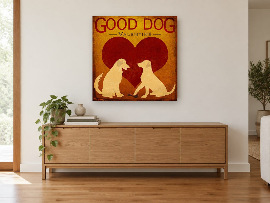 Valentine Retriever Pair animal canvas print on the wall of a living room above a sideboard