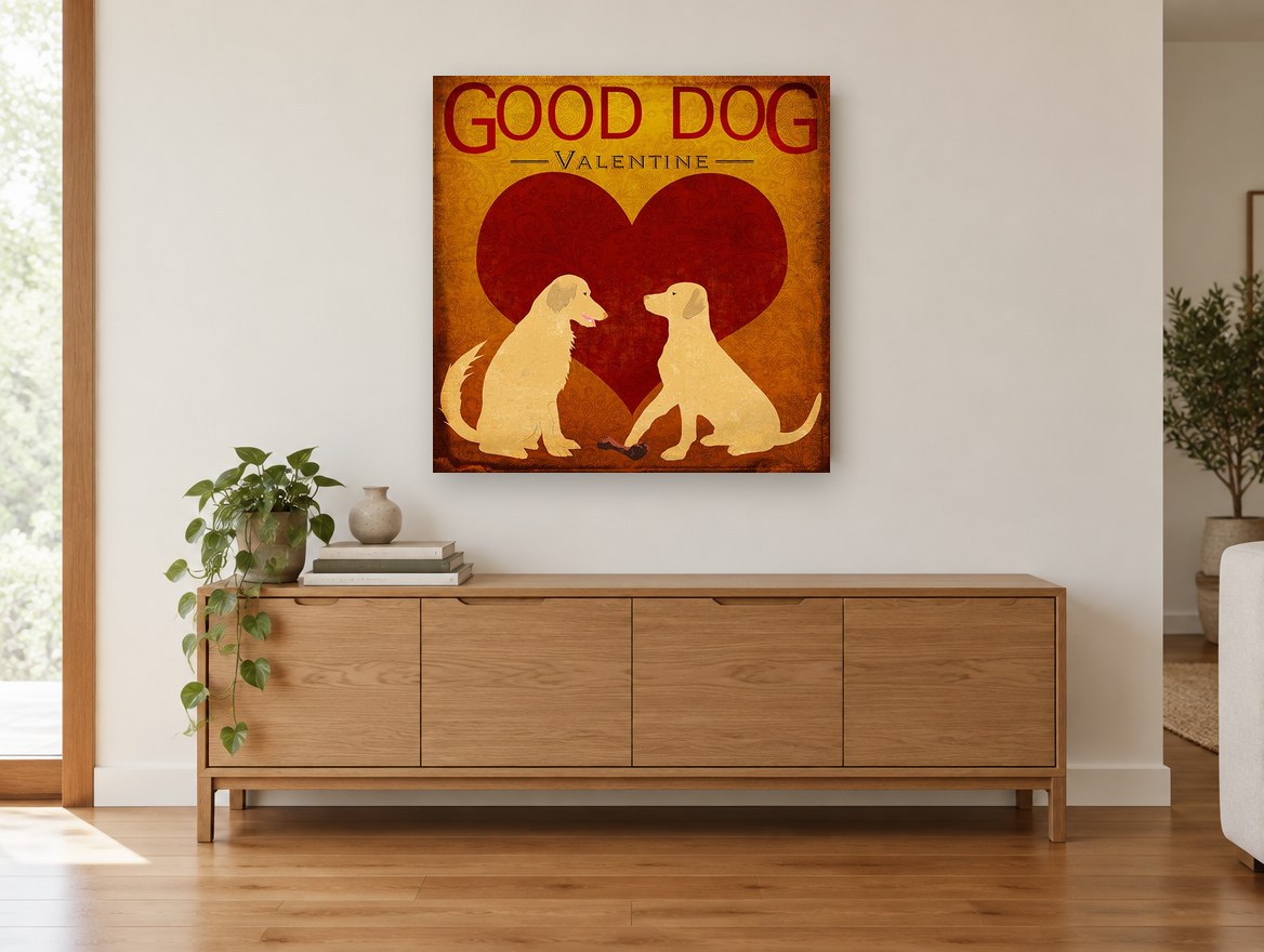 Valentine Retriever Pair animal canvas print on the wall of a living room above a sideboard