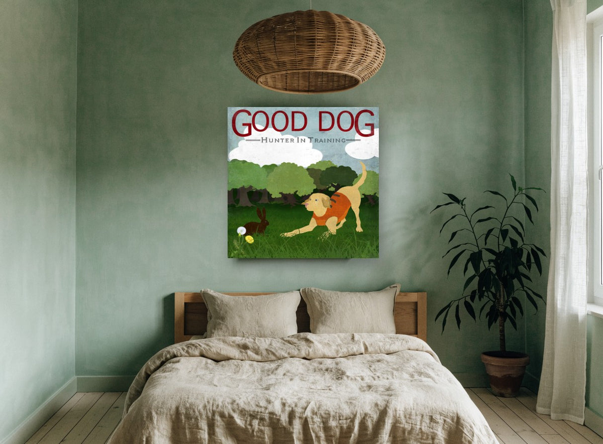 Playful Hunter Pup landscape canvas print on the wall of a bedroom