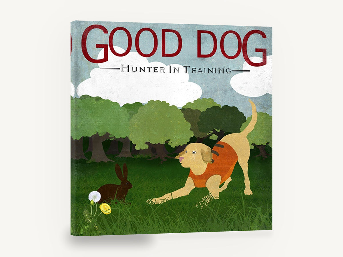 Playful Hunter Pup, yellow labrador dog and rabbit illustration, landscape canvas wall art print ready to hang