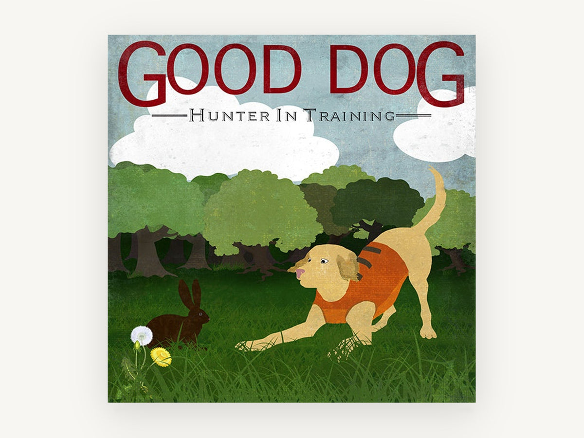 Playful Hunter Pup, yellow labrador dog and rabbit illustration, landscape canvas wall art print, front view