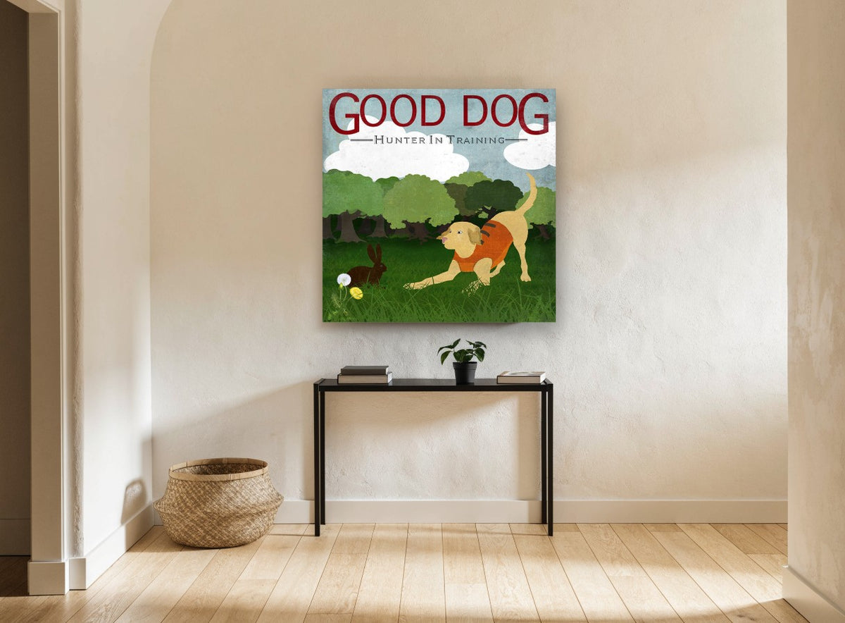 Playful Hunter Pup landscape canvas print on the wall of a hallway
