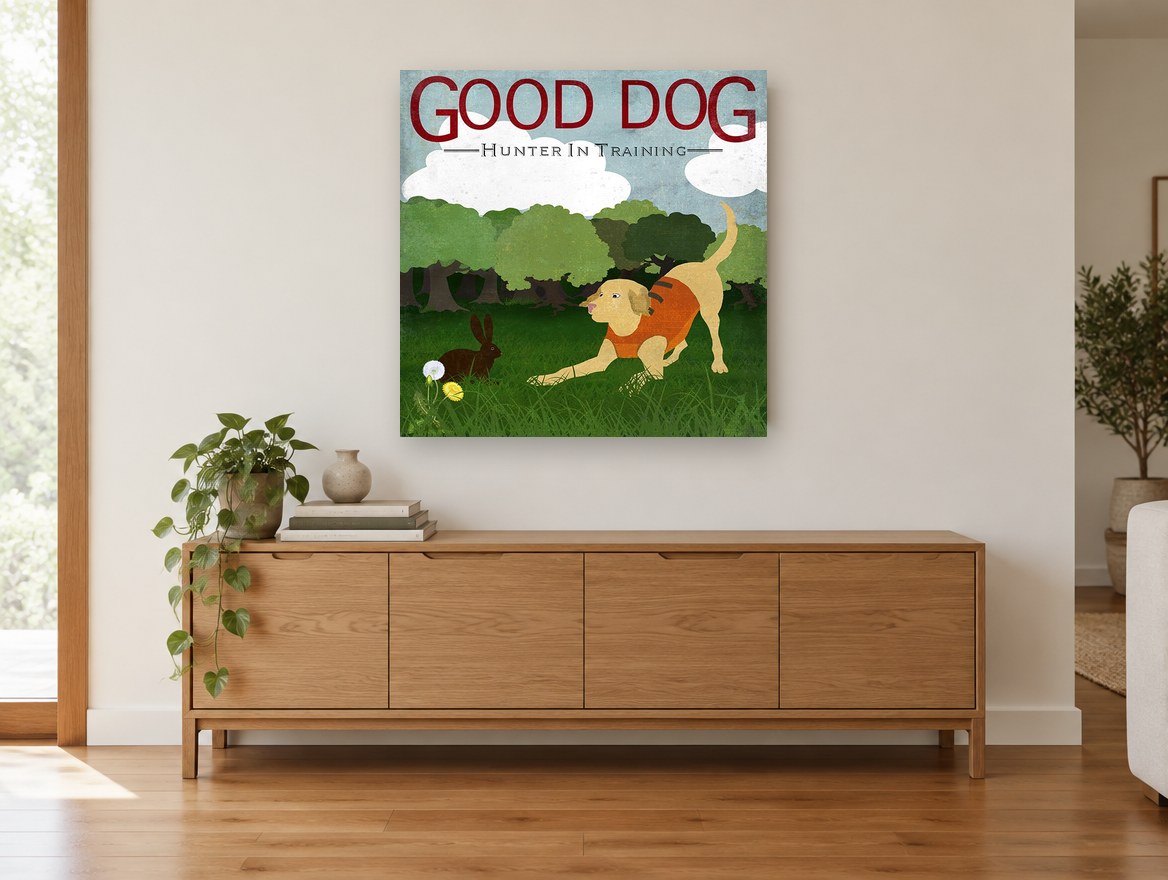 Playful Hunter Pup landscape canvas print on the wall of a living room above a sideboard
