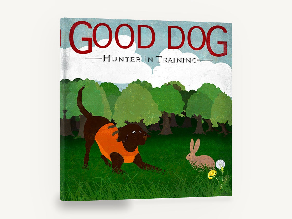 Playful Pup and Rabbit, chocolate dog and rabbit illustration, landscape canvas wall art print ready to hang