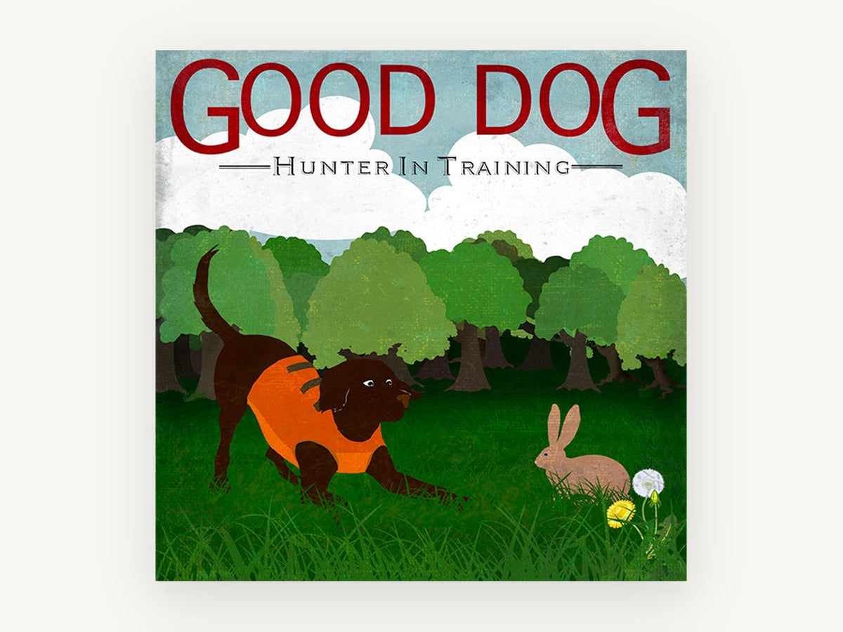 Playful Pup and Rabbit, chocolate dog and rabbit illustration, landscape canvas wall art print, front view