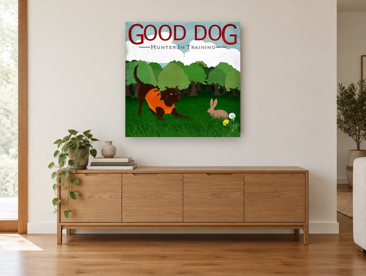 Playful Pup and Rabbit landscape canvas print on the wall of a living room above a sideboard