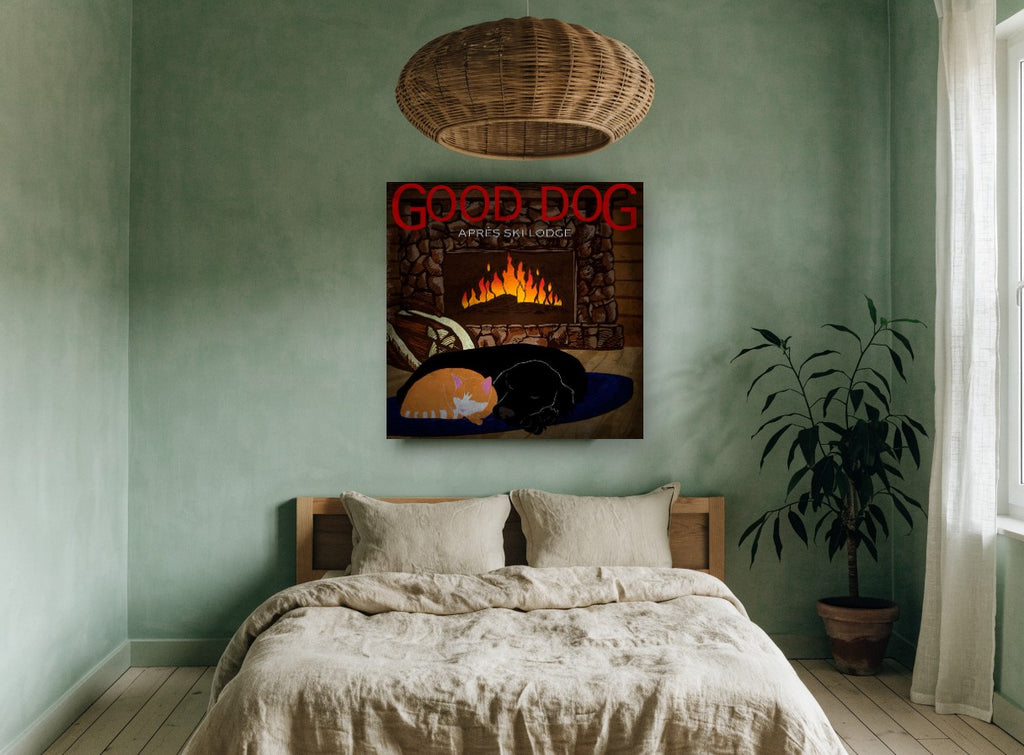 Fireside Dog and Cat animal canvas print on the wall of a bedroom