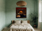 Fireside Dog and Cat animal canvas print on the wall of a bedroom