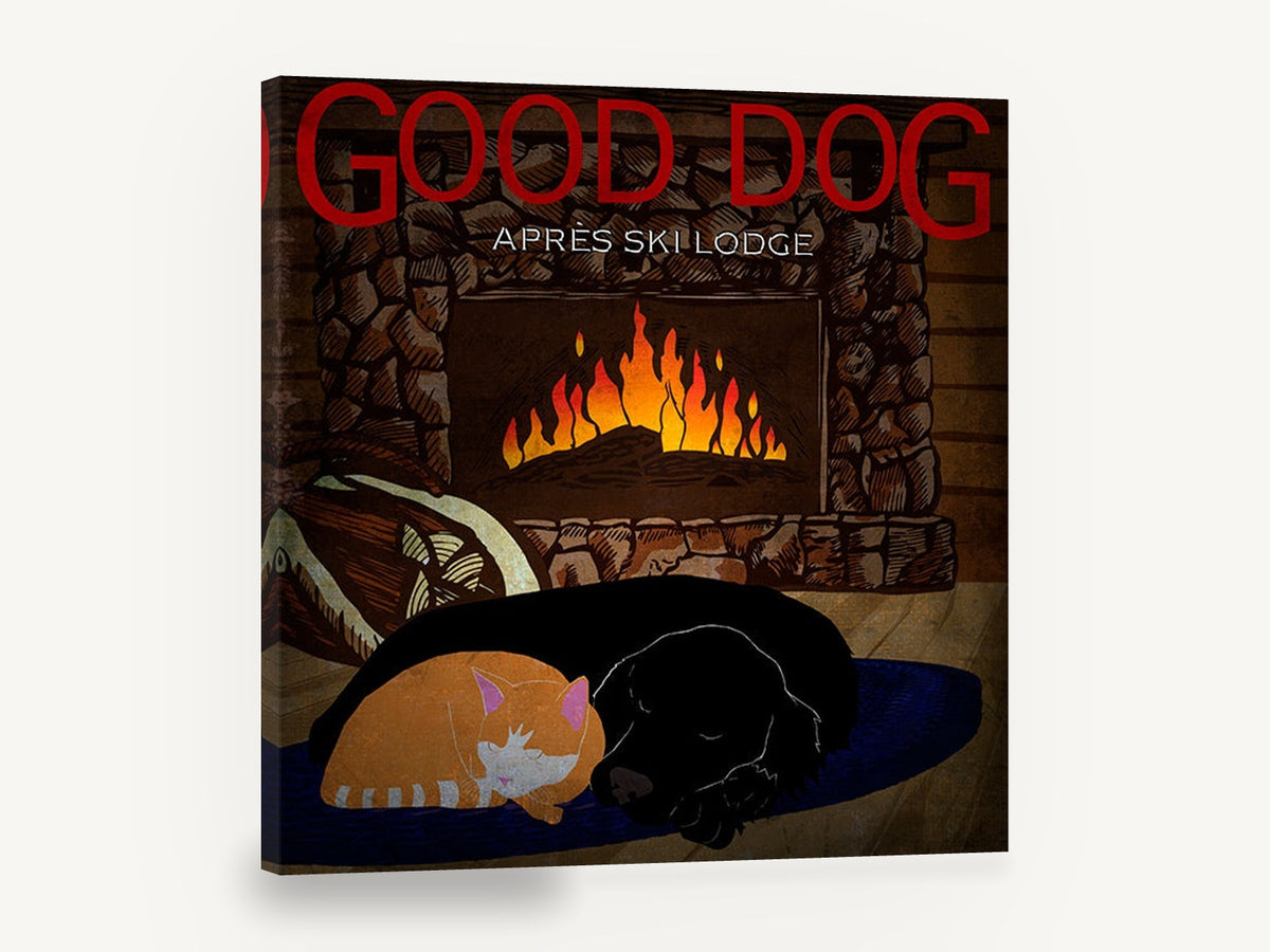 Fireside Dog and Cat, black dog and cat fireplace illustration, animal canvas wall art print ready to hang
