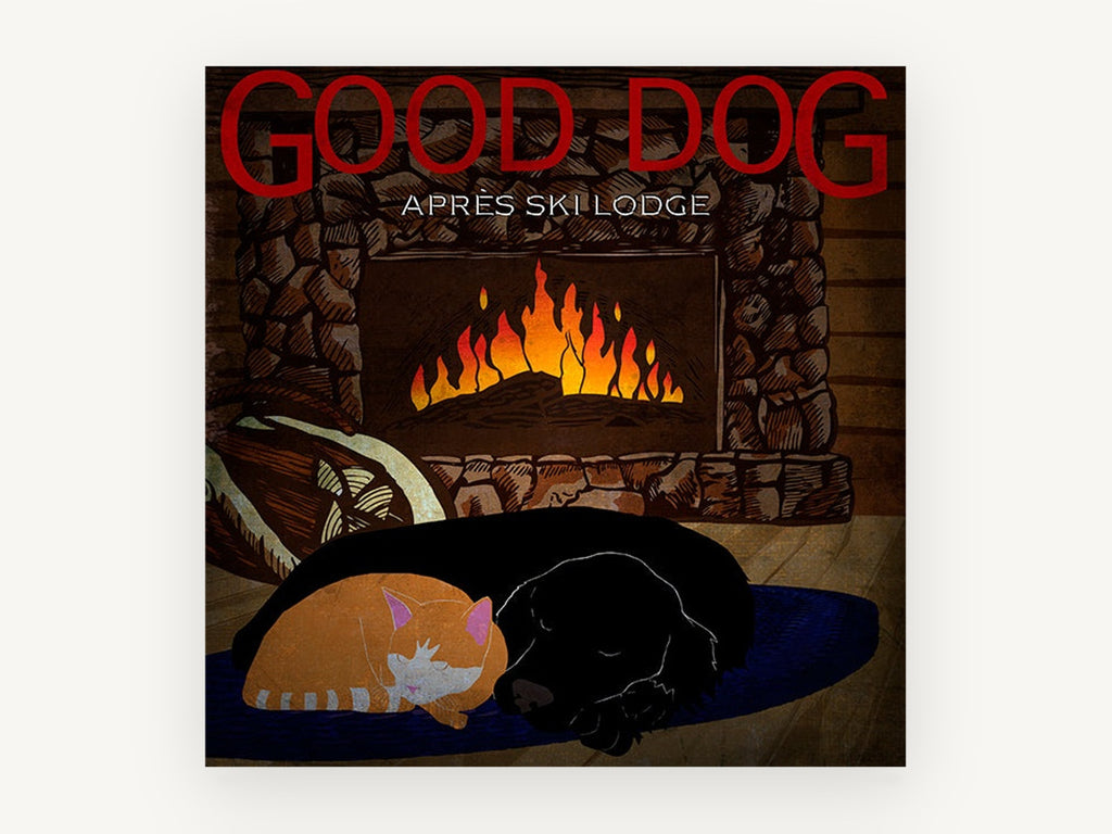 Fireside Dog and Cat, black dog and cat fireplace illustration, animal canvas wall art print, front view