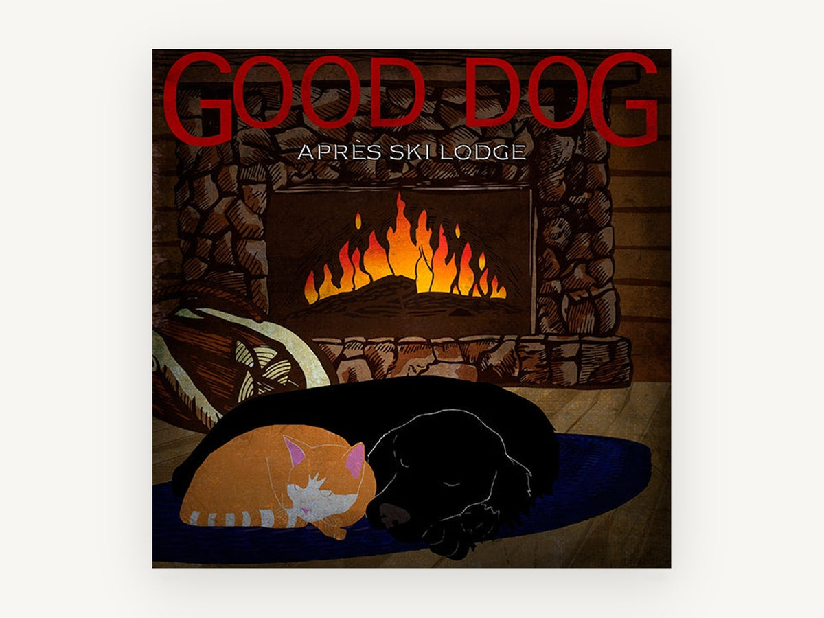 Fireside Dog and Cat, black dog and cat fireplace illustration, animal canvas wall art print, front view