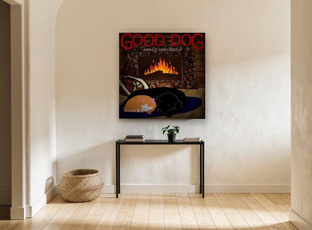 Fireside Dog and Cat animal canvas print on the wall of a hallway