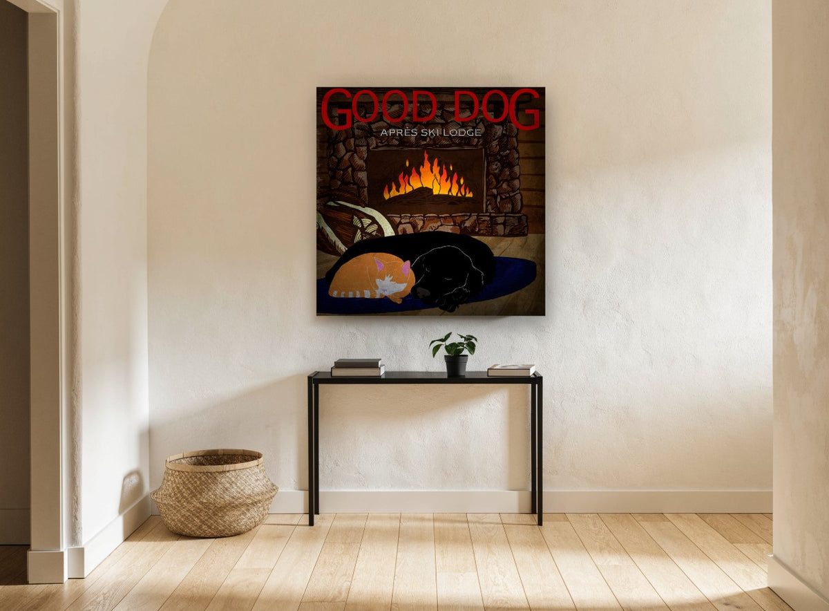 Fireside Dog and Cat animal canvas print on the wall of a hallway