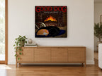 Fireside Dog and Cat animal canvas print on the wall of a living room above a sideboard