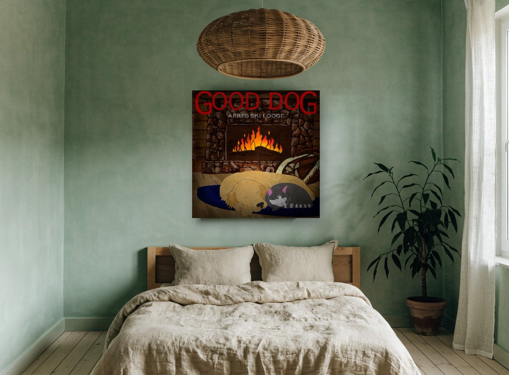 Fireside Dog and Cat animal canvas print on the wall of a bedroom