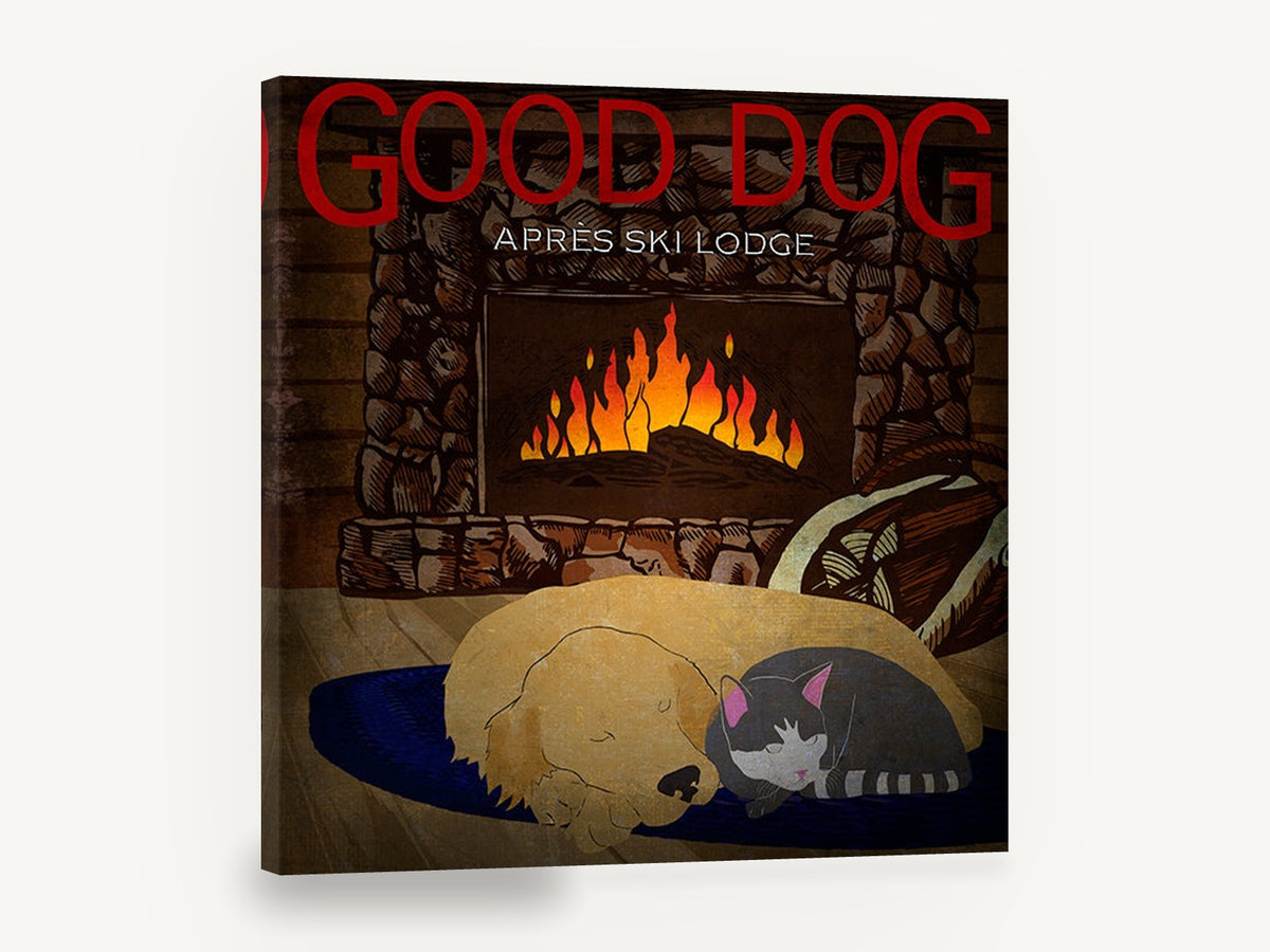 Fireside Dog and Cat, sleeping dog and cat fireplace illustration, animal canvas wall art print ready to hang