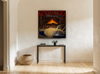 Fireside Dog and Cat animal canvas print on the wall of a hallway
