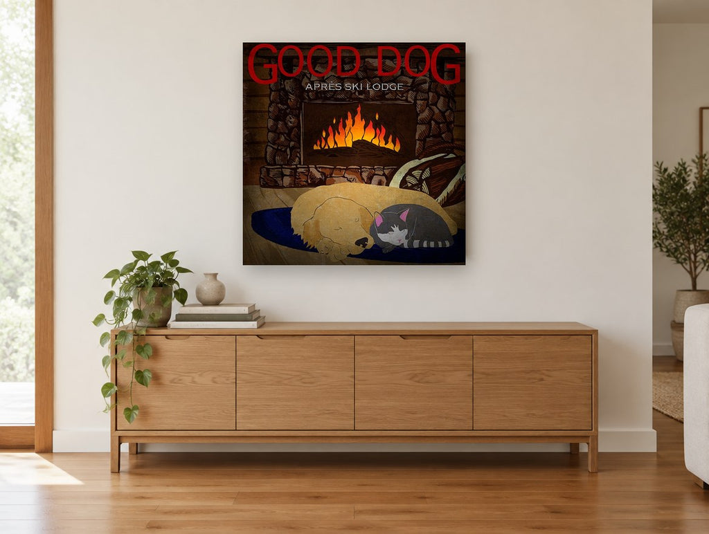 Fireside Dog and Cat animal canvas print on the wall of a living room above a sideboard
