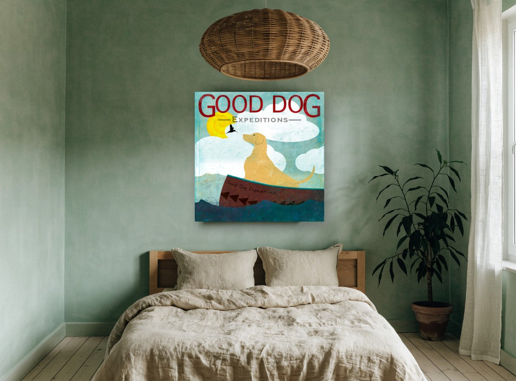 Golden Dog Boat Voyage animal canvas print on the wall of a bedroom