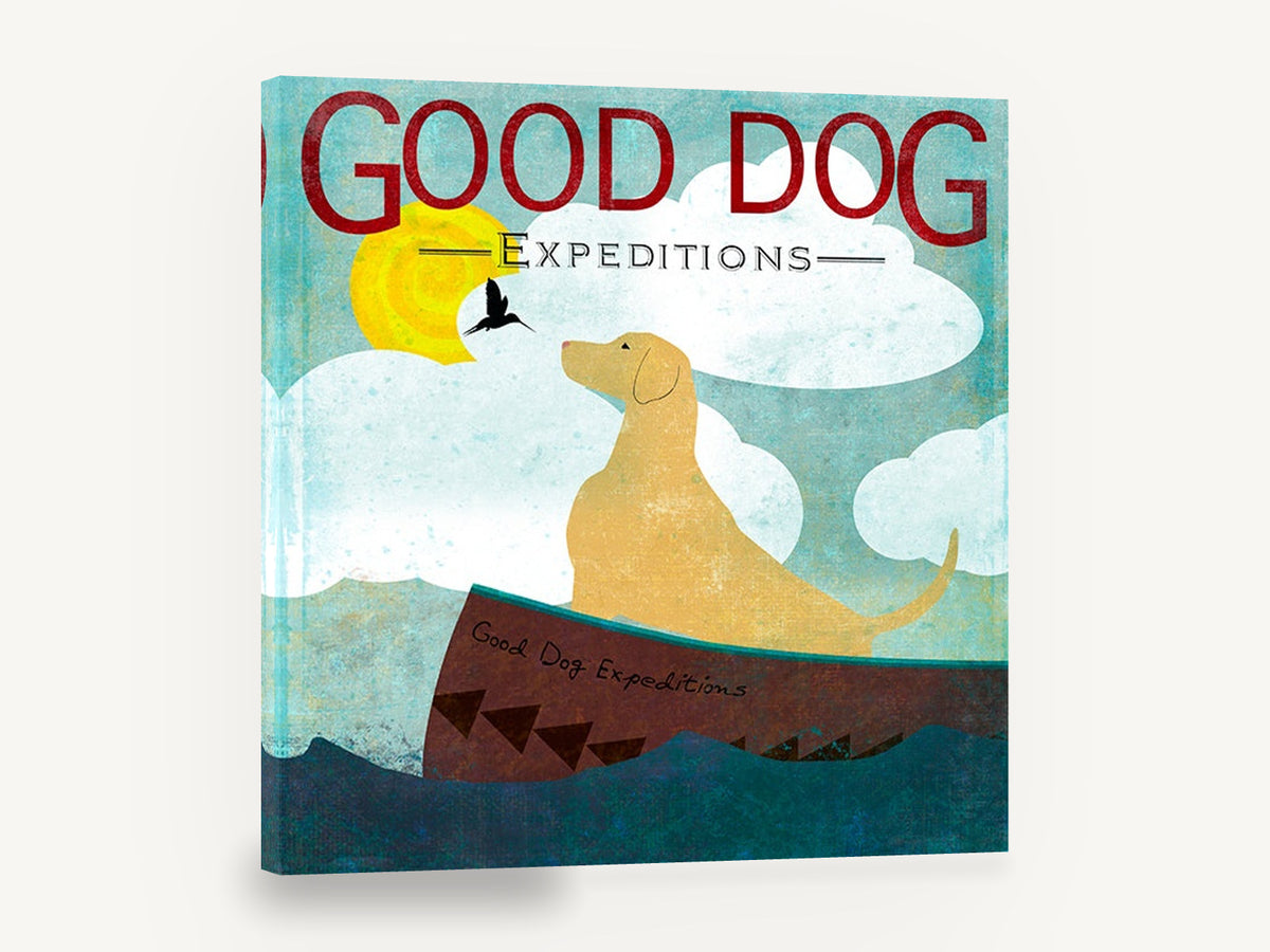 Golden Dog Boat Voyage, yellow labrador boat illustration, animal canvas wall art print ready to hang