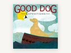 Golden Dog Boat Voyage, yellow labrador boat illustration, animal canvas wall art print, front view