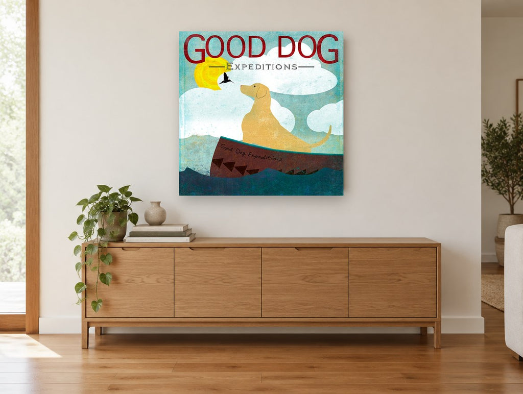 Golden Dog Boat Voyage animal canvas print on the wall of a living room above a sideboard