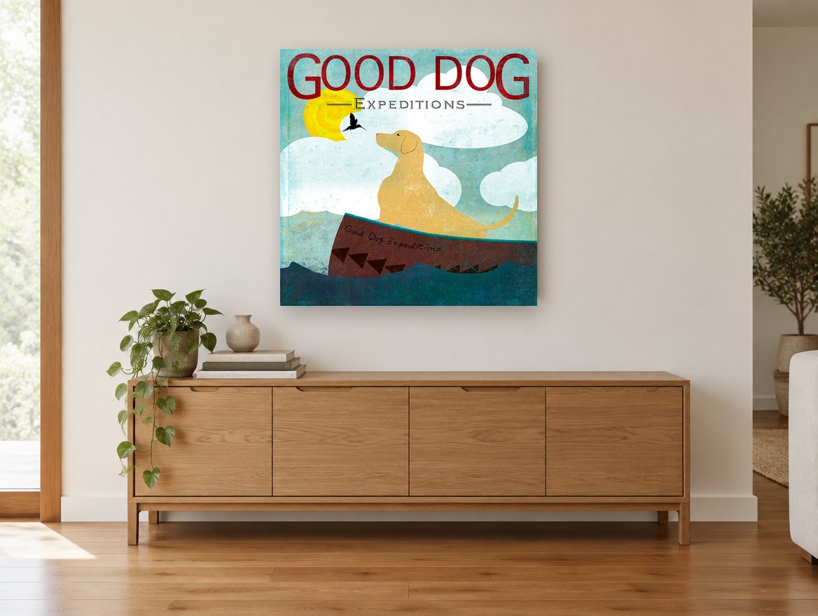 Golden Dog Boat Voyage animal canvas print on the wall of a living room above a sideboard