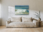 Breaking Teal Shore coastal canvas print on the wall of a living room