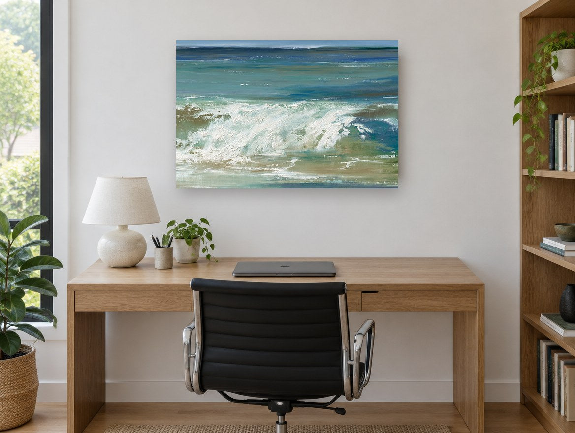 Breaking Teal Shore coastal canvas print on the wall of a study