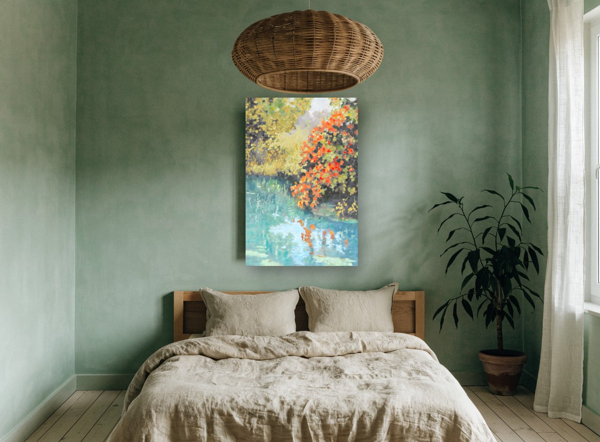 Autumn Stream Reflections floral canvas print on the wall of a bedroom