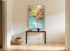 Autumn Stream Reflections floral canvas print on the wall of a hallway
