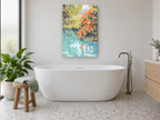 Autumn Stream Reflections floral canvas print on the wall of a bathroom