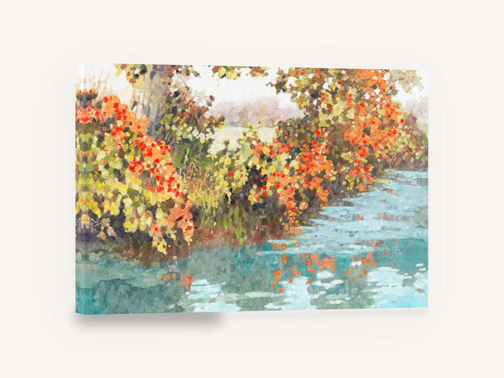 Autumn Creek Reflections, autumn foliage stream impressionist landscape, floral canvas wall art print ready to hang