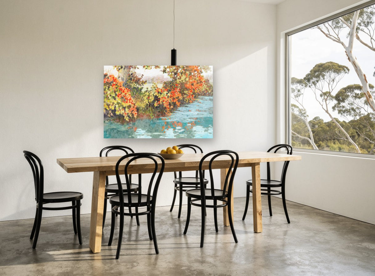 Autumn Creek Reflections floral canvas print on the wall of a dining room